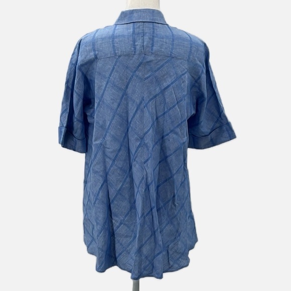 Lafayette 148 Linen & Cotton Blend Plaid Short Sleeve Blouse in Blue -Size Small - Picture 3 of 5